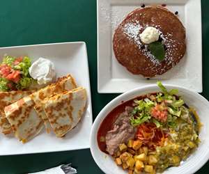 Bluecorn Pancakes, Huevos Rancheros, Breakfast Quesadilla